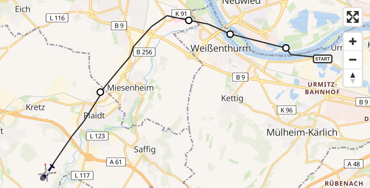 Flugroute Polizeihubschrauber Mülheim-Kärlich - Plaidt, 07 August 2026, 19:57
