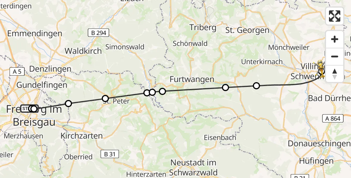 Flugroute Ambulanzhubschrauber Freiburg University Hospital Heliport 1 - DRF Air Rescue Station Villingen-Schwenningen Hubschrauberlandeplatz (Christoph 11), 07 August 2026, 20:24