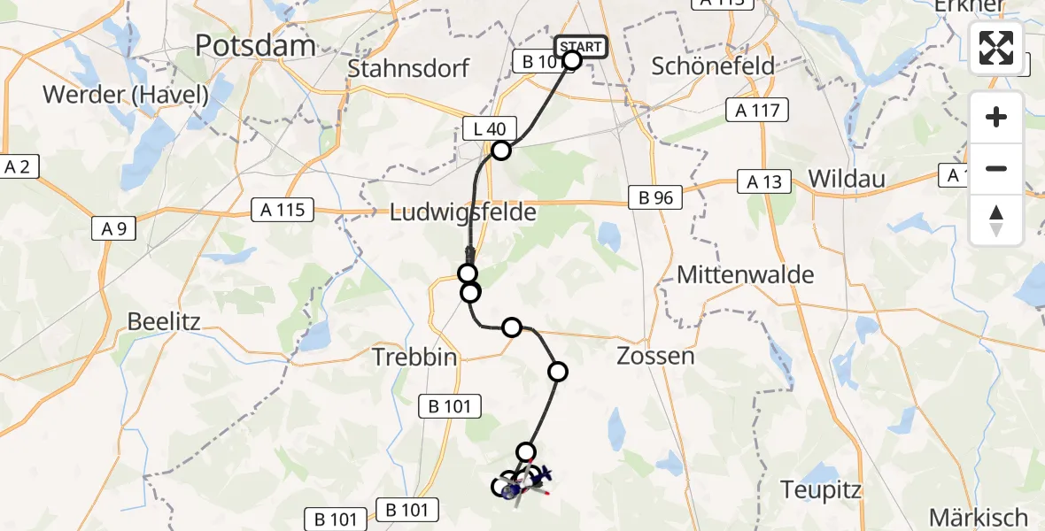 Flugroute Polizeihubschrauber Berlin - Am Mellensee, 07 August 2026, 20:32