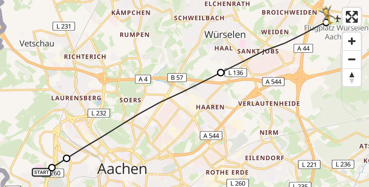 Flugroute Rettungshubschrauber Aachen Hospital - Aachen-Merzbrück Flughafen, 07 August 2026, 20:32