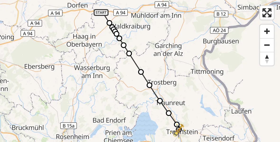Flugroute Rettungshubschrauber Obertaufkirchen - Traunstein Hospital, 07 August 2026, 20:35
