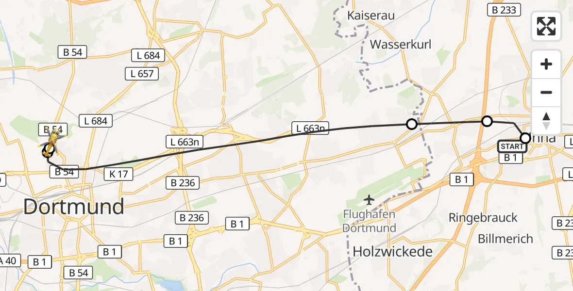 Flugroute Ambulanzhubschrauber Christian Hospital Unna West - Dortmund Hospital North, 07 August 2026, 21:10