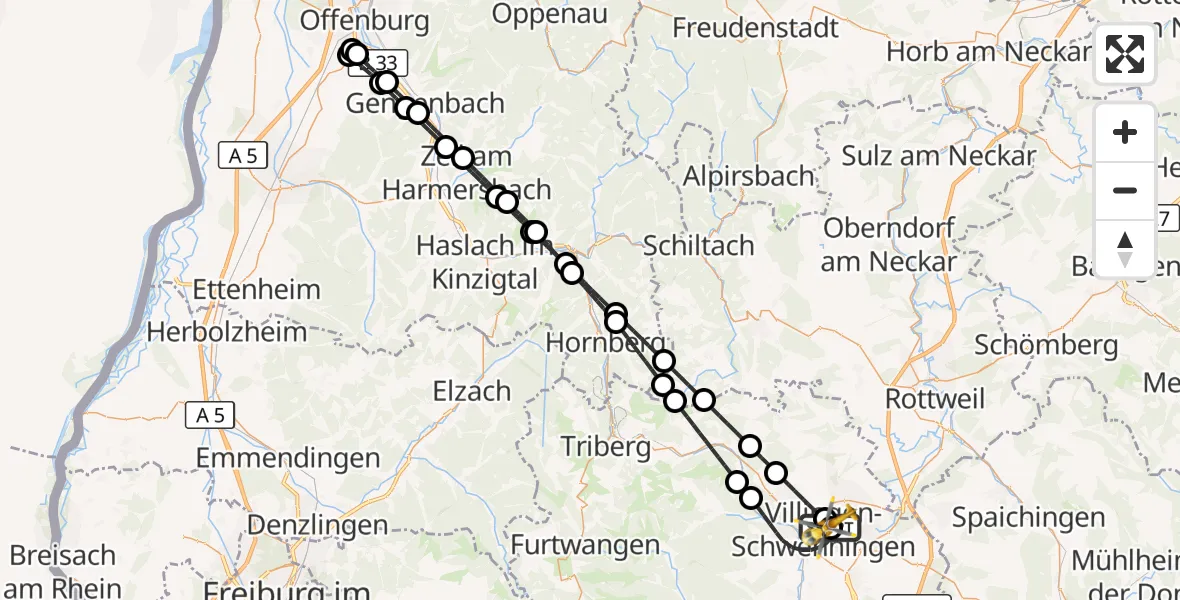 Flugroute Ambulanzhubschrauber DRF Air Rescue Station Villingen-Schwenningen Hubschrauberlandeplatz (Christoph 11) - DRF Air Rescue Station Villingen-Schwenningen Hubschrauberlandeplatz (Christoph 11), 07 August 2026, 21:24