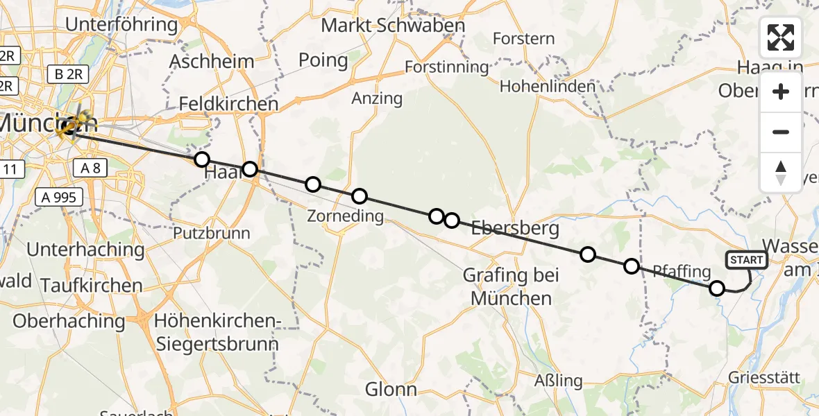 Flugroute Rettungshubschrauber Edling - Rechts der Isar University Hospital, 07 August 2026, 21:49