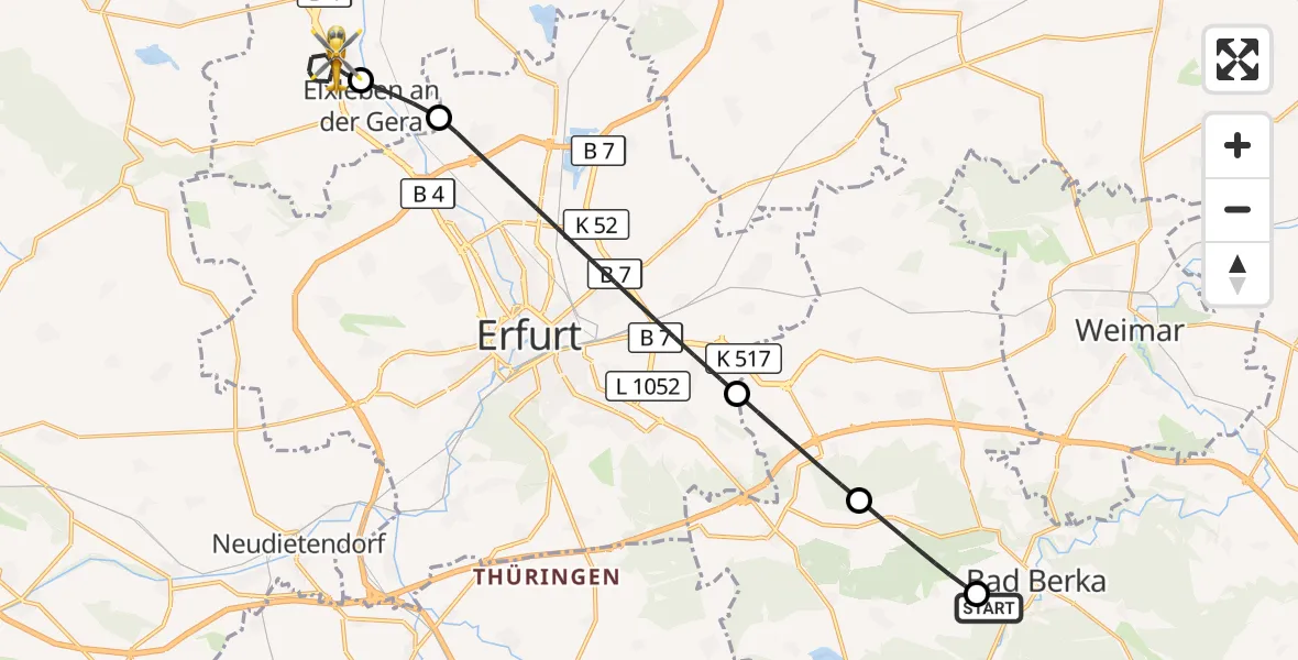 Flugroute Ambulanzhubschrauber DRF Rettungsstation Bad Berka Hubschrauberlandeplatz - Walschleben, 07 August 2026, 21:50