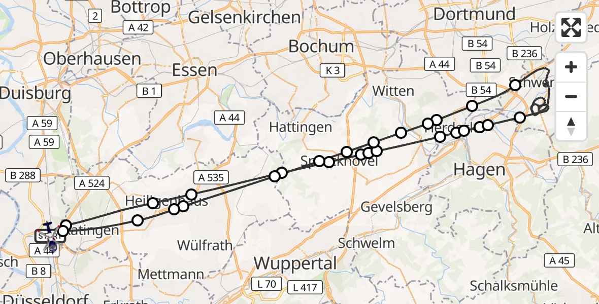 Flugroute Polizeihubschrauber Düsseldorf Flughafen - Düsseldorf Flughafen, 07 August 2026, 22:37