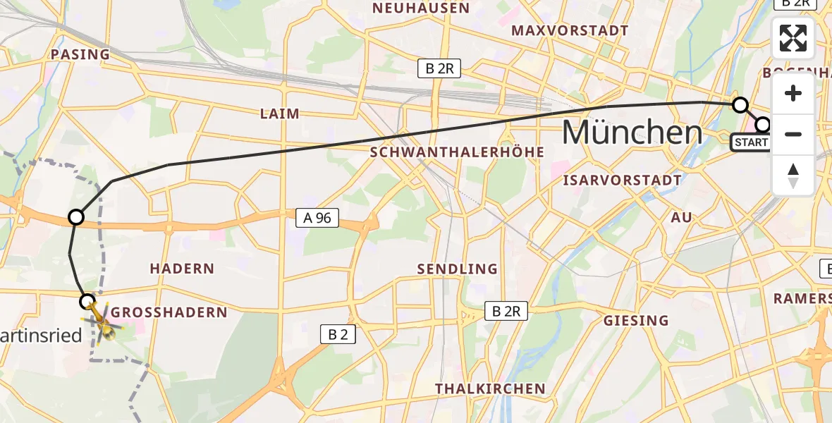 Flugroute Rettungshubschrauber Rechts der Isar University Hospital - DRF Air Rescue München Hubschrauberlandeplatz, 07 August 2026, 22:38