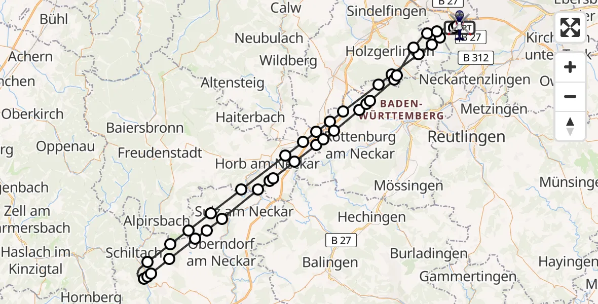 Flugroute Polizeihubschrauber Flughafen Stuttgart - Flughafen Stuttgart, 07 August 2026, 22:47
