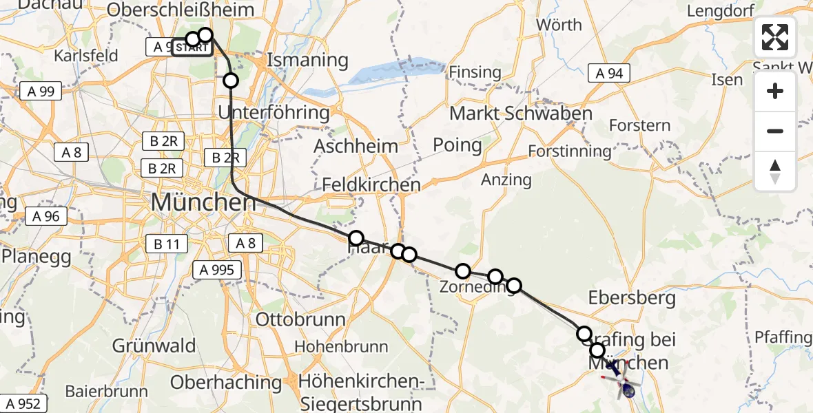 Flugroute Polizeihubschrauber Oberschleißheim - Grafing b.München, 07 August 2026, 22:51