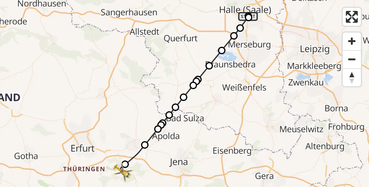Flugroute Ambulanzhubschrauber BG Hospital Bergmannstrost Halle - DRF Rettungsstation Bad Berka Hubschrauberlandeplatz, 07 August 2026, 23:32
