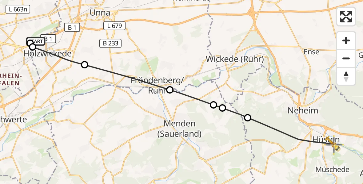 Flugroute Rettungshubschrauber Dortmund Flughafen - Arnsberg, 07 August 2026, 23:51