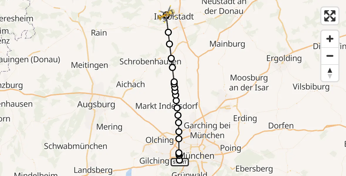 Flugroute Rettungshubschrauber DRF Air Rescue München Hubschrauberlandeplatz - Ingolstadt Hospital, 08 August 2026, 00:07