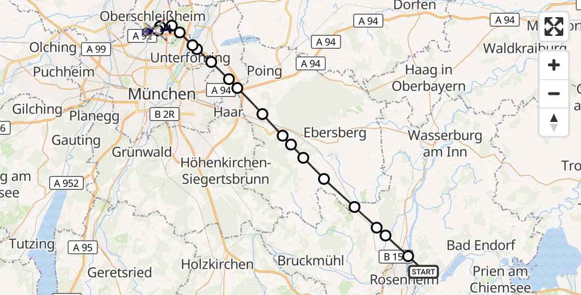 Flugroute Polizeihubschrauber Stephanskirchen - Oberschleißheim, 08 August 2026, 00:30