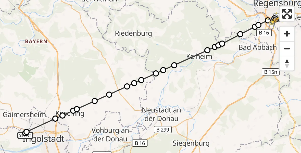 Flugroute Rettungshubschrauber Ingolstadt Hospital - DRF Air Rescue Station Regensburg / Regensburg University Hospital, 08 August 2026, 00:45