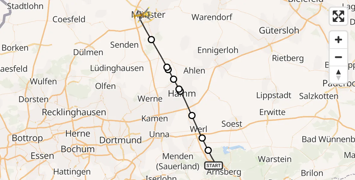 Flugroute Rettungshubschrauber Arnsberg - Münster, 08 August 2026, 00:55
