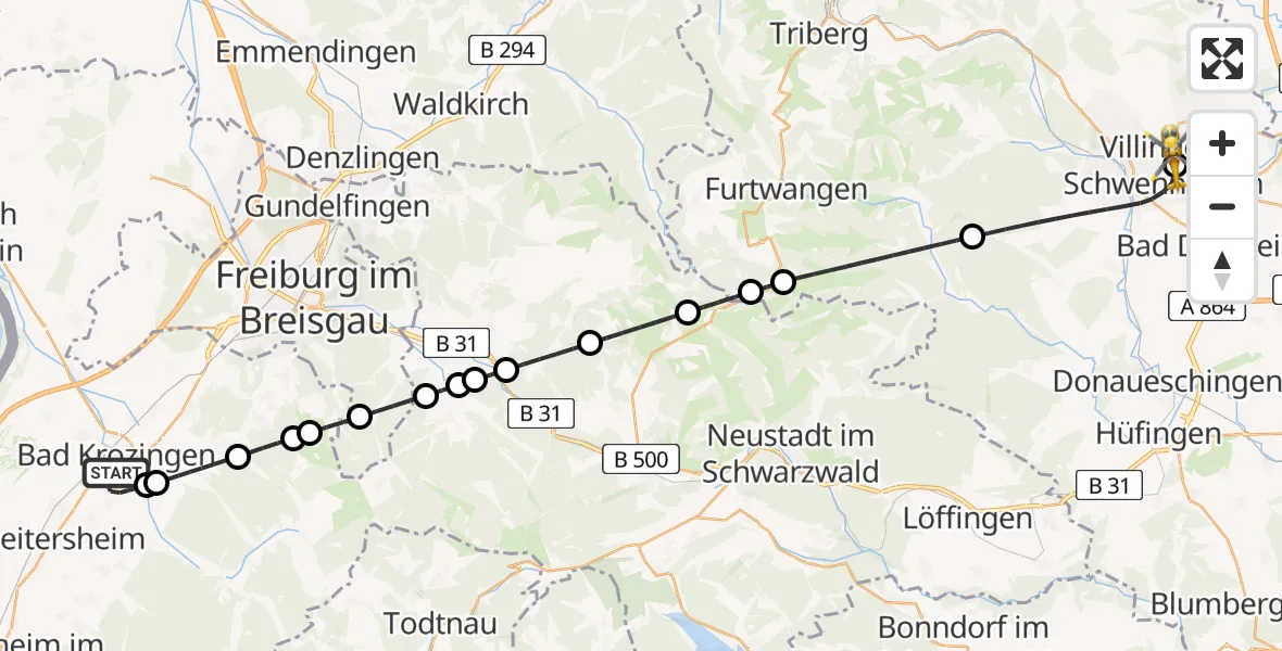 Flugroute Ambulanzhubschrauber Bad Krozingen - DRF Air Rescue Station Villingen-Schwenningen Hubschrauberlandeplatz (Christoph 11), 08 August 2026, 01:13