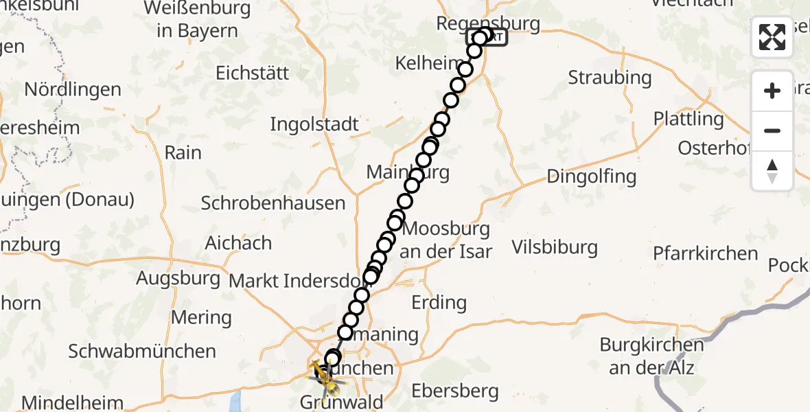 Flugroute Rettungshubschrauber DRF Air Rescue Station Regensburg / Regensburg University Hospital - DRF Air Rescue München Hubschrauberlandeplatz, 08 August 2026, 01:41