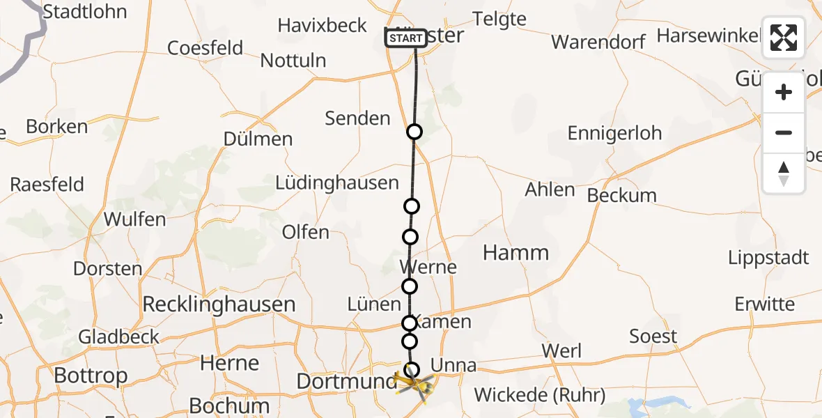 Flugroute Rettungshubschrauber Münster - Dortmund Flughafen, 08 August 2026, 01:54