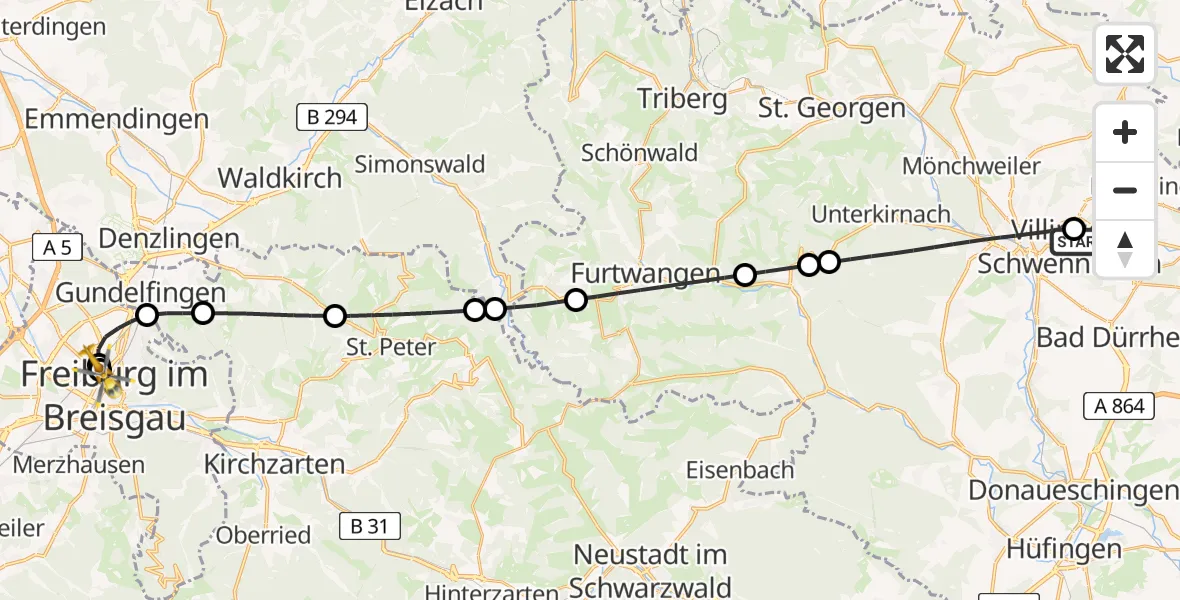 Flugroute Ambulanzhubschrauber DRF Air Rescue Station Villingen-Schwenningen Hubschrauberlandeplatz (Christoph 11) - Freiburg University Hospital Heliport 2, 08 August 2026, 02:10