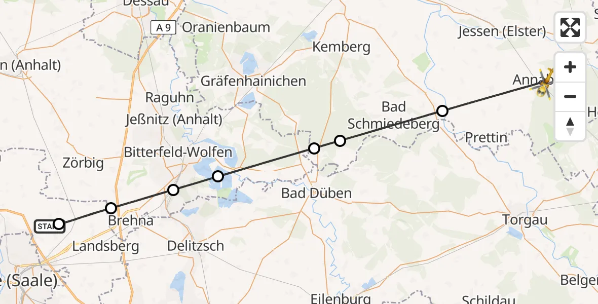 Flugroute Rettungshubschrauber Halle-Oppin Flugplatz - Annaburg, 08 August 2026, 02:21