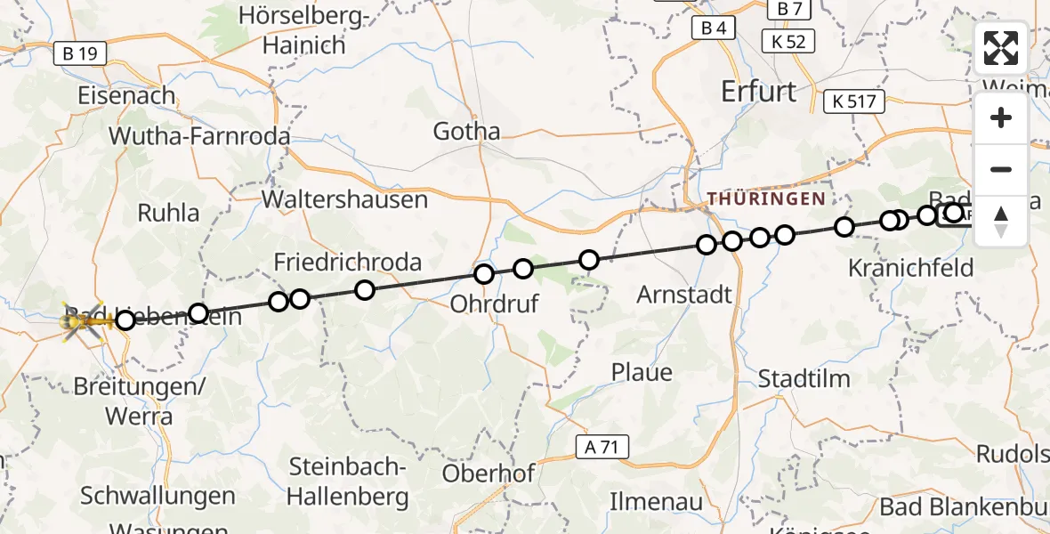 Flugroute Ambulanzhubschrauber DRF Rettungsstation Bad Berka Hubschrauberlandeplatz - Bad Salzungen, 08 August 2026, 02:47