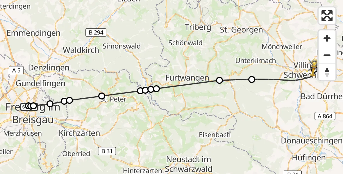 Flugroute Ambulanzhubschrauber Freiburg University Hospital Heliport 2 - DRF Air Rescue Station Villingen-Schwenningen Hubschrauberlandeplatz (Christoph 11), 08 August 2026, 02:49