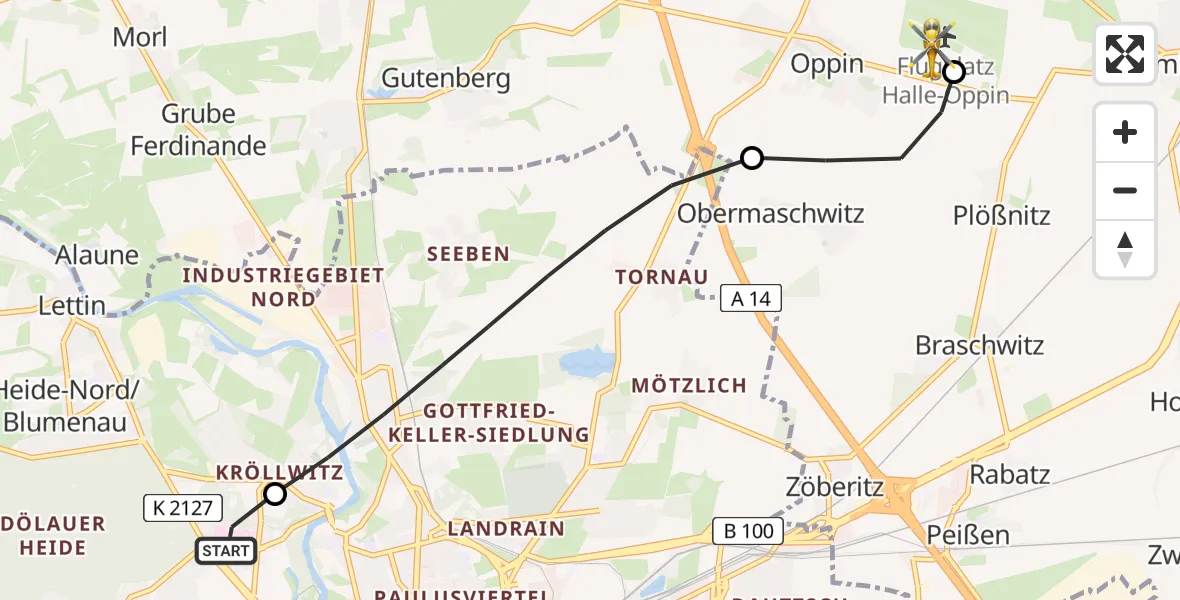 Flugroute Rettungshubschrauber Halle (Saale) University Hospital - Halle-Oppin Flugplatz, 08 August 2026, 04:25
