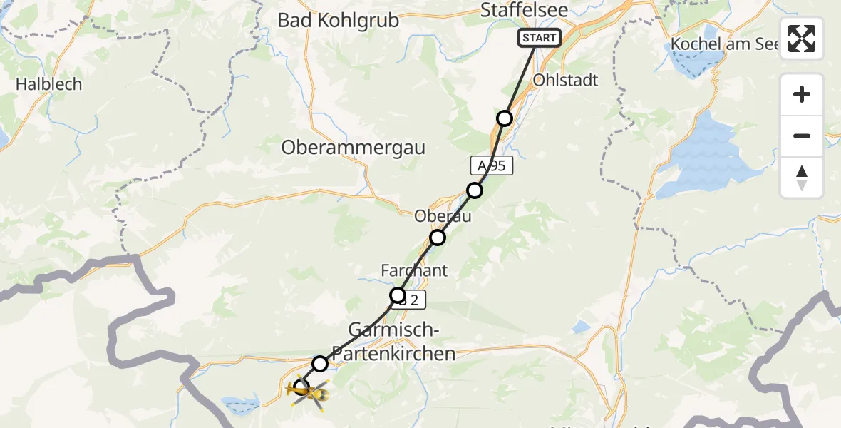 Flugroute Rettungshubschrauber Ohlstadt - Brandweg Hubschrauberlandeplatz, 08 August 2026, 05:19