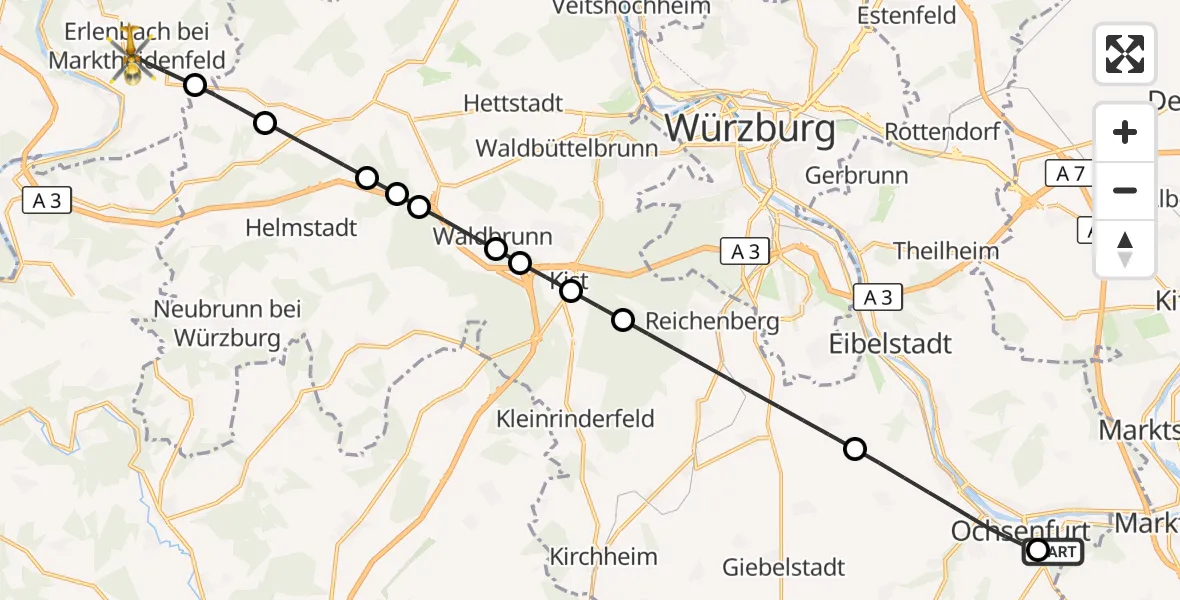Flugroute Rettungshubschrauber Ochsenfurt Hospital - Erlenbach b.Marktheidenfeld, 08 August 2026, 05:55