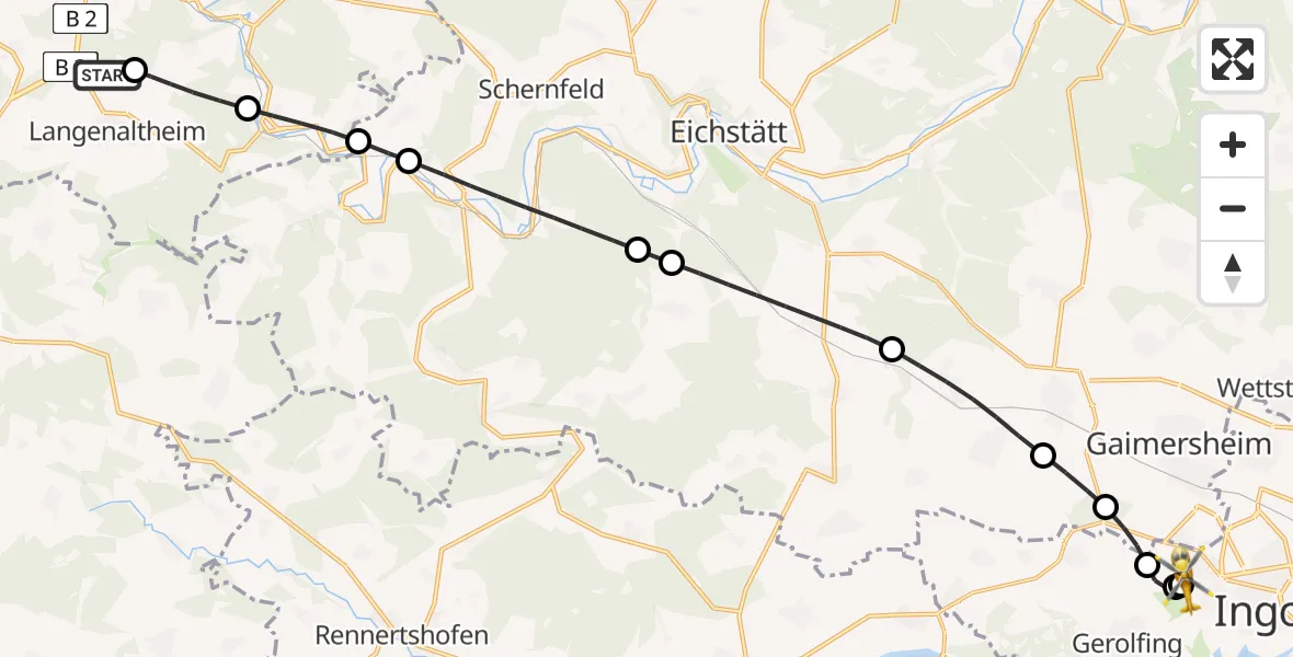 Flugroute Rettungshubschrauber Langenaltheim - Ingolstadt Hospital, 08 August 2026, 06:10