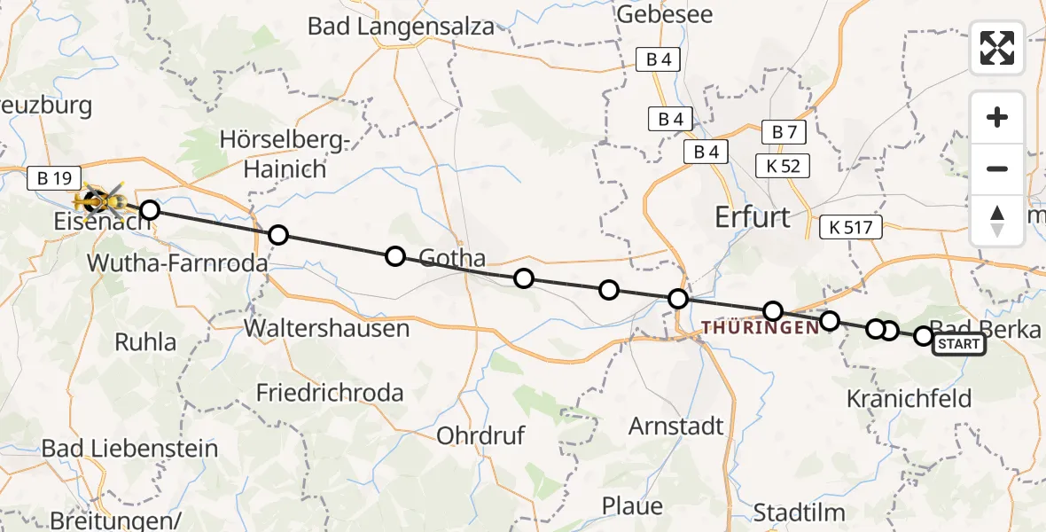 Flugroute Ambulanzhubschrauber Bad Berka - Sankt Georg Hospital Eisenach, 08 August 2026, 06:14