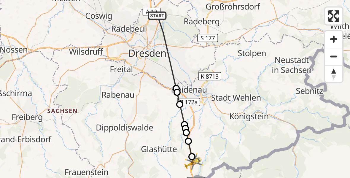 Flugroute Rettungshubschrauber Dresden - Bad Gottleuba-Berggießhübel, 08 August 2026, 06:25