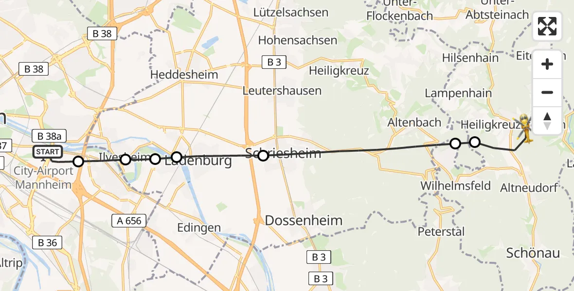 Flugroute Rettungshubschrauber Mannheim-City Flughafen - Heiligkreuzsteinach, 08 August 2026, 06:29