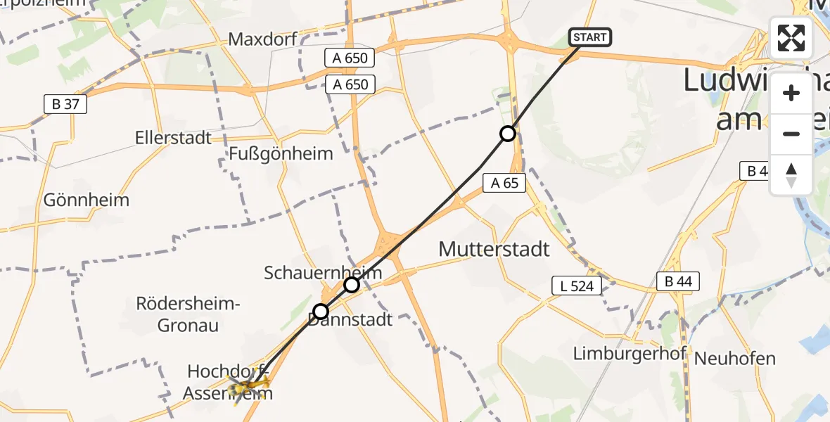 Flugroute Rettungshubschrauber Ludwigshafen am Rhein - Hochdorf-Assenheim, 08 August 2026, 06:35