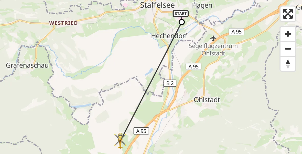 Flugroute Rettungshubschrauber Murnau Accident Hospital - Eschenlohe, 08 August 2026, 07:03
