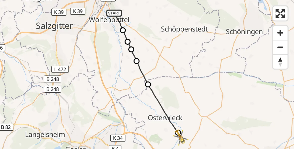 Flugroute Rettungshubschrauber Wolfenbüttel - Nordharz, 08 August 2026, 07:03