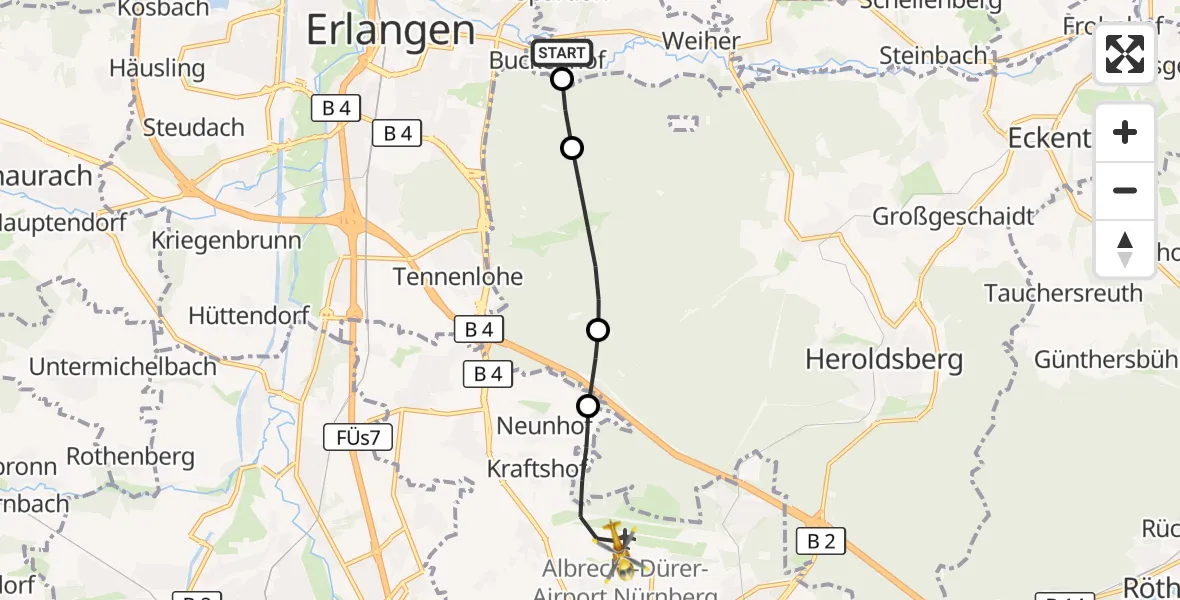 Flugroute Ambulanzhubschrauber Buckenhof - Flughafen Nuremberg, 08 August 2026, 07:04