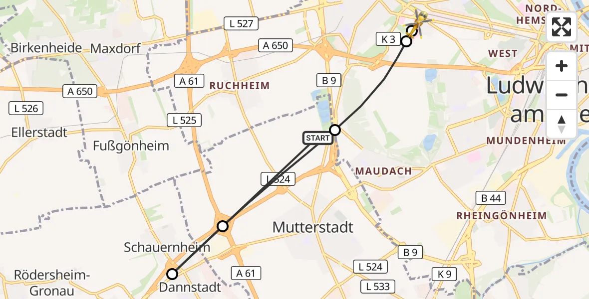 Flugroute Rettungshubschrauber Mutterstadt - Ludwigshafen Accident Hospital, 08 August 2026, 07:05