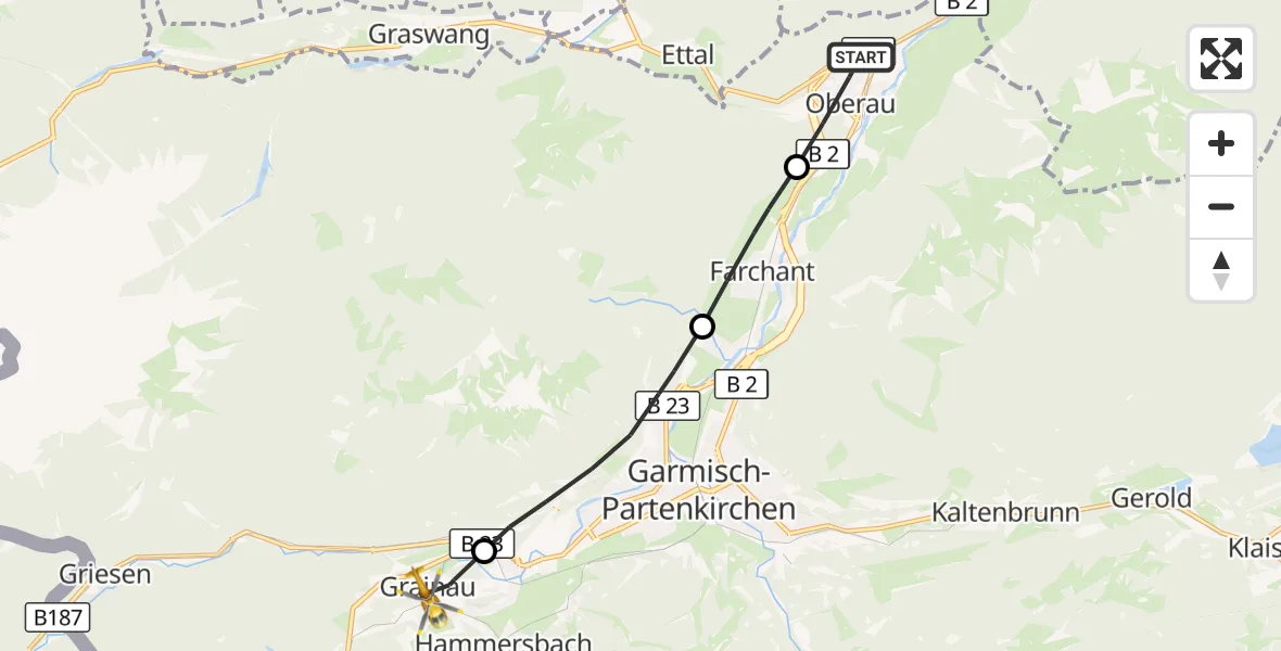 Flugroute Rettungshubschrauber Oberau - Grainau, 08 August 2026, 07:07