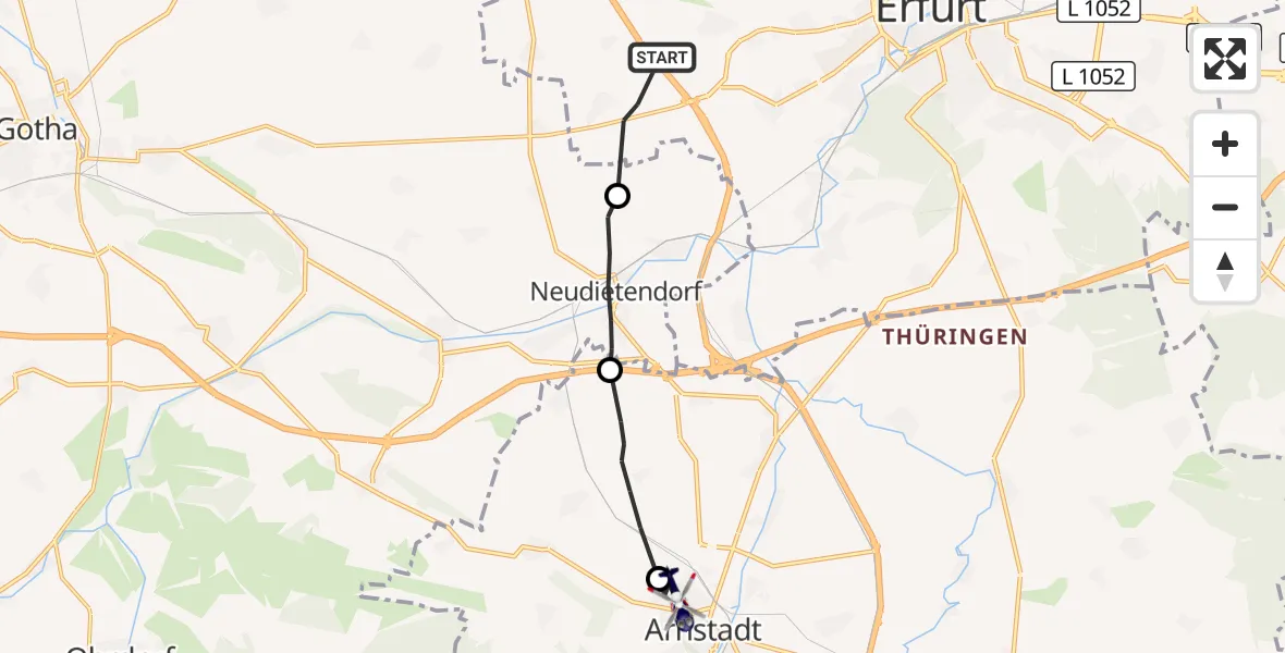 Flugroute Polizeihubschrauber Erfurt - Ilm-Kreis-Krankenhaus Arnstadt-Ilmenau Hubschrauberlandeplatz, 08 August 2026, 07:14
