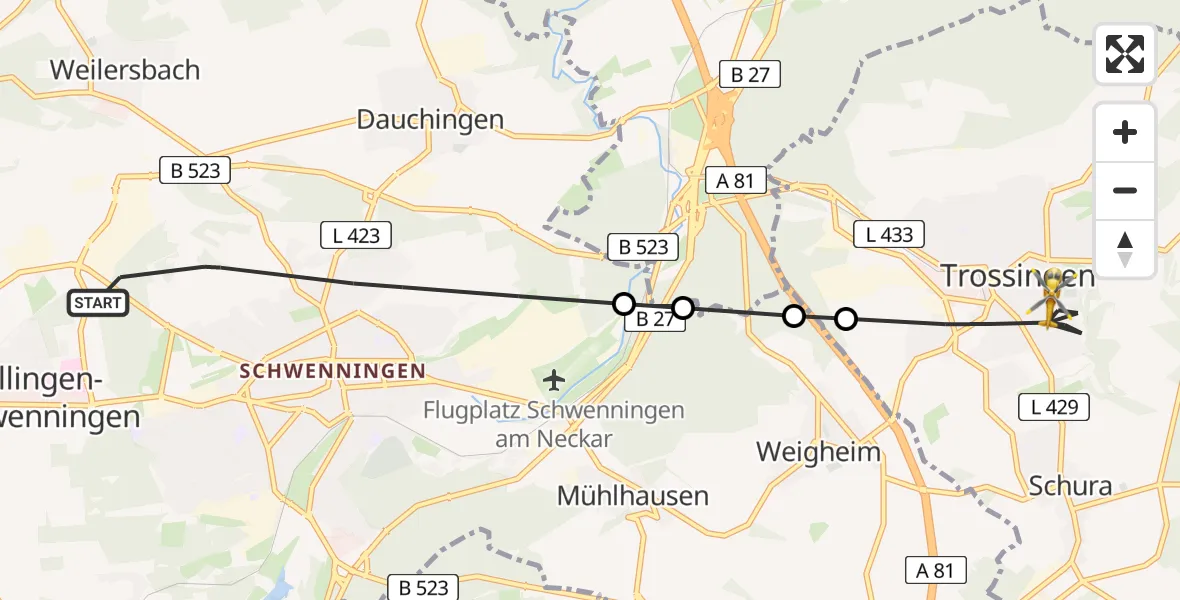 Flugroute Ambulanzhubschrauber Villingen-Schwenningen - Trossingen, 08 August 2026, 07:26