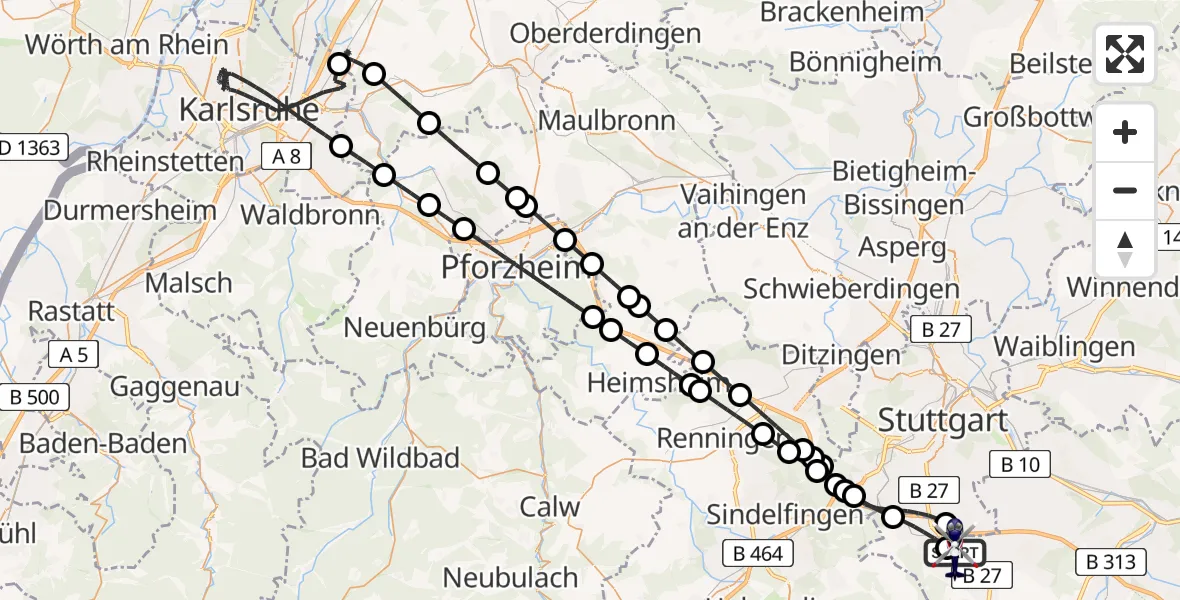 Flugroute Polizeihubschrauber Flughafen Stuttgart - Flughafen Stuttgart, 08 August 2026, 07:33