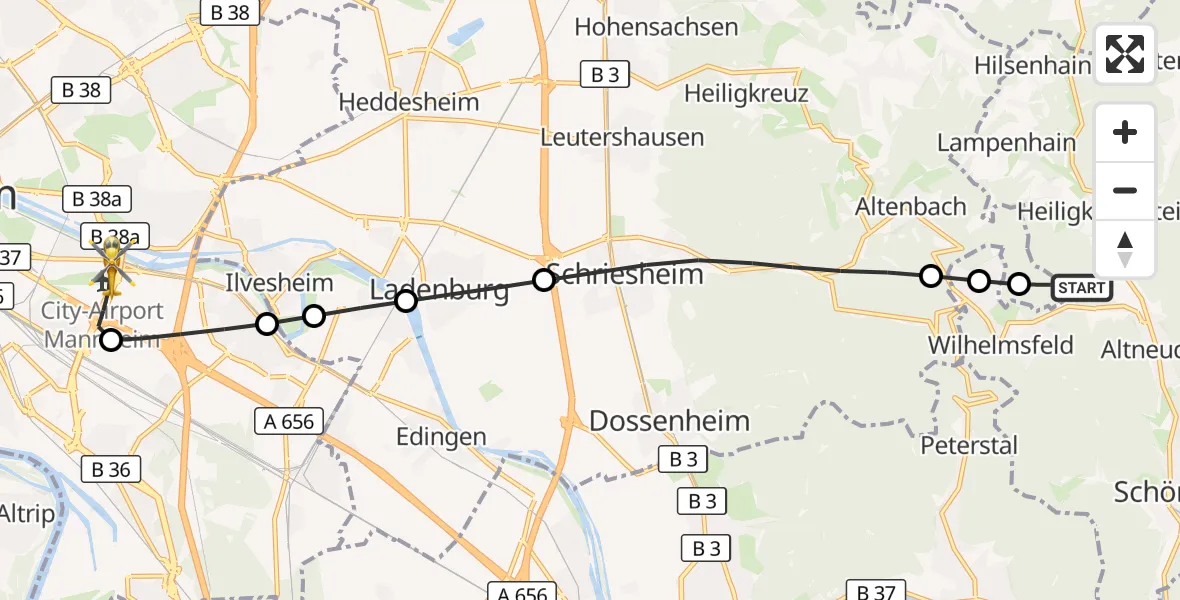 Flugroute Rettungshubschrauber Heiligkreuzsteinach - Mannheim-City Flughafen, 08 August 2026, 07:38