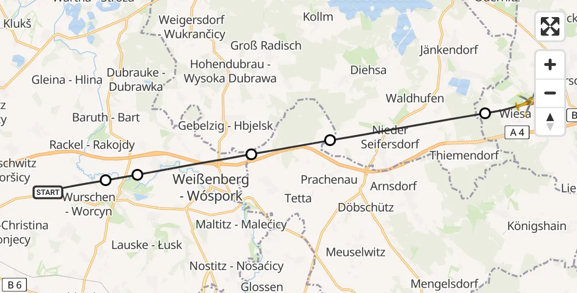 Flugroute Rettungshubschrauber Weißenberg - Kodersdorf, 08 August 2026, 07:48