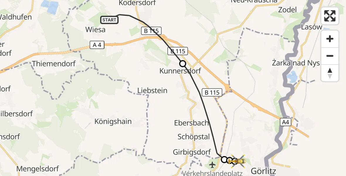 Flugroute Rettungshubschrauber Kodersdorf - Görlitz Hospital, 08 August 2026, 08:21