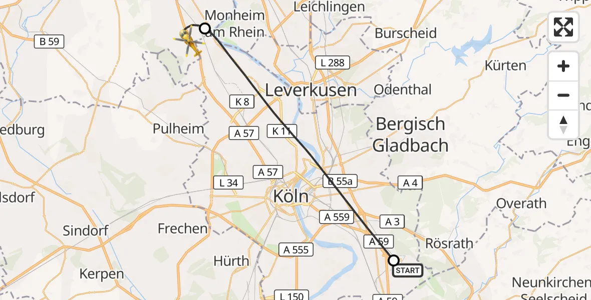 Flugroute Rettungshubschrauber Köln Bonn Flughafen - Dormagen, 08 August 2026, 08:22