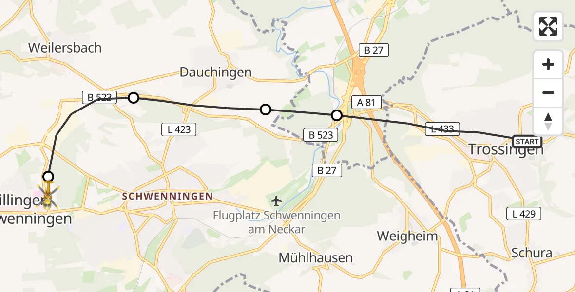 Flugroute Ambulanzhubschrauber Trossingen - DRF Air Rescue Station Villingen-Schwenningen Hubschrauberlandeplatz (Christoph 11), 08 August 2026, 08:24