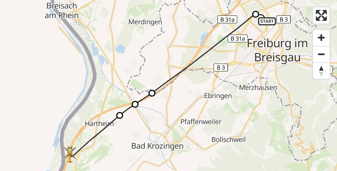 Flugroute Ambulanzhubschrauber Freiburg im Breisgau Flugplatz - Hartheim am Rhein, 08 August 2026, 08:25