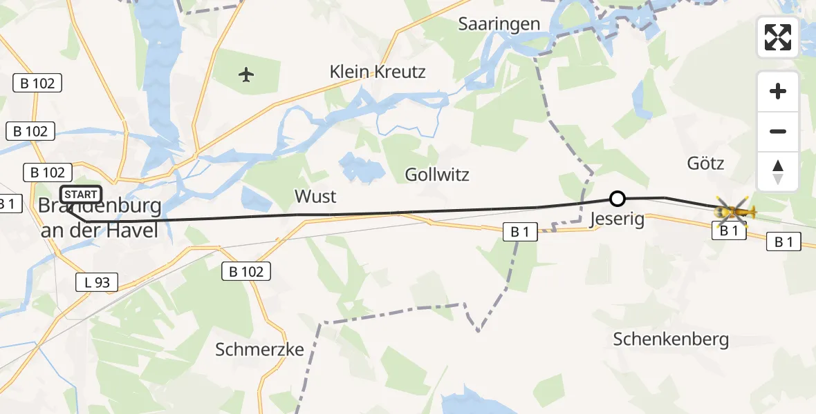 Flugroute Rettungshubschrauber Brandenburg an der Havel - Groß Kreutz (Havel), 08 August 2026, 08:28
