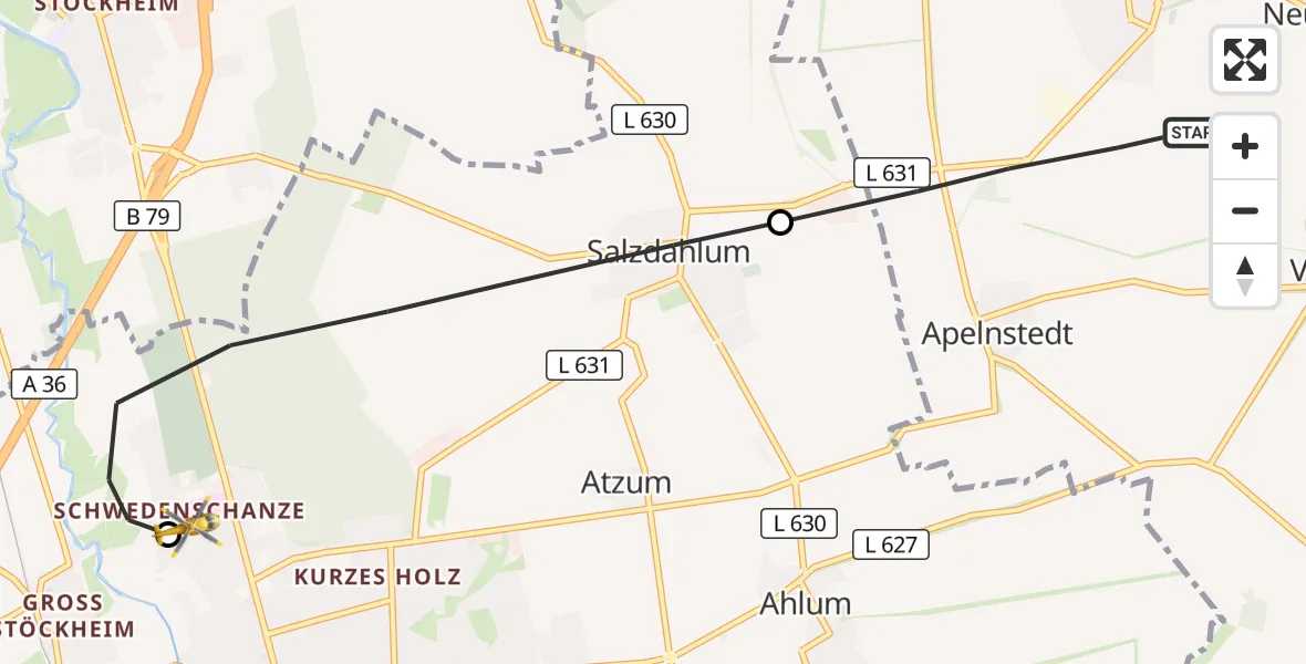 Flugroute Rettungshubschrauber Sickte - Wolfenbüttel Municipal Hospital Heliport (Christoph 30), 08 August 2026, 08:28